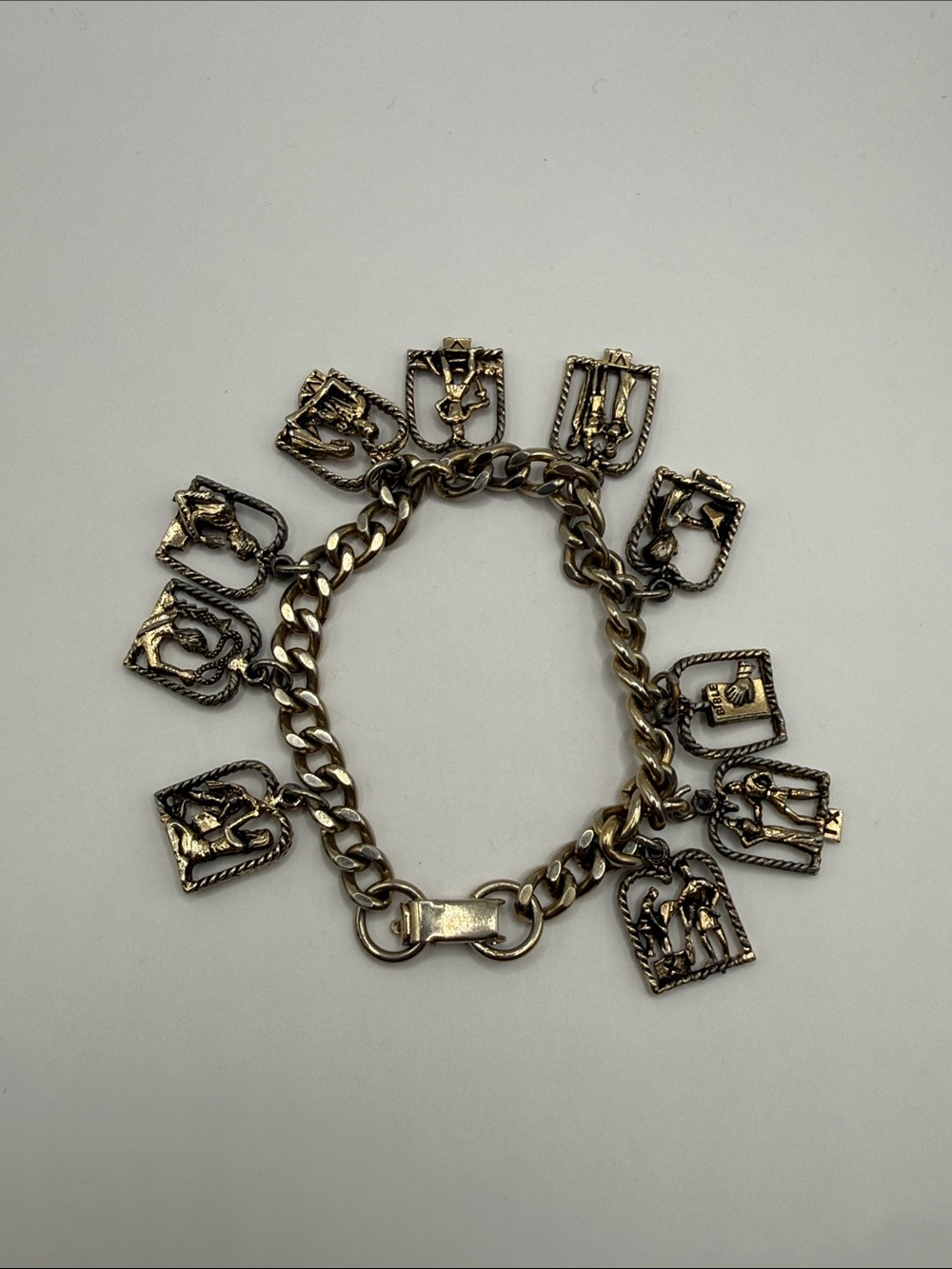 Vintage Coro Gold Tone Ten Commandments Charm Bangle Cuff Statement Bracelet